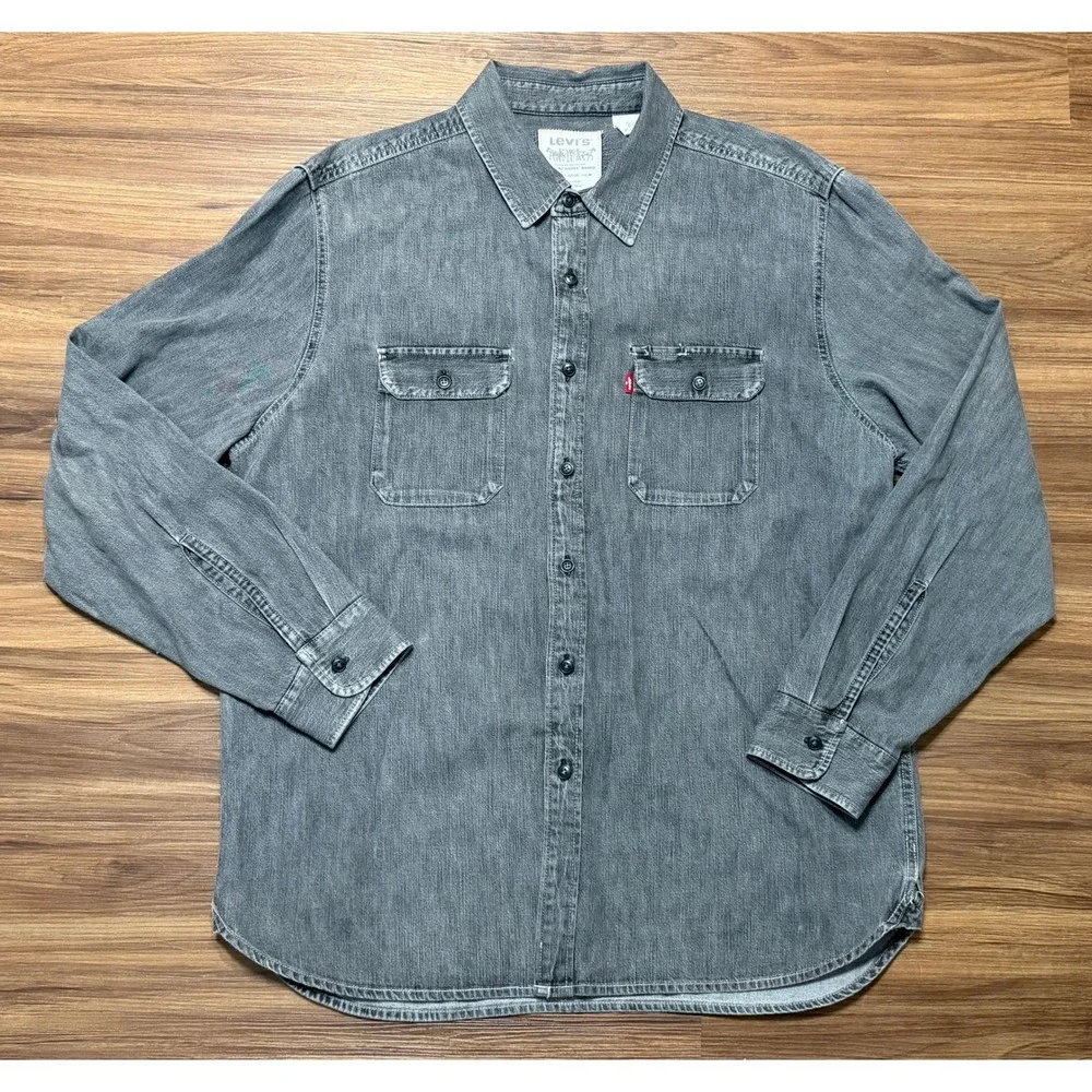 Levis Mens Faded Gray Denim Button Down Shirt Long Sleeve Workwear Sz XL